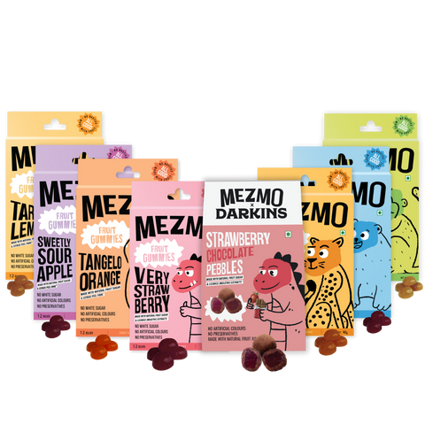 Mezmo All 7 Boxes Of Fruit Gummies &1 Box of Strawberry Chocolate pebble
